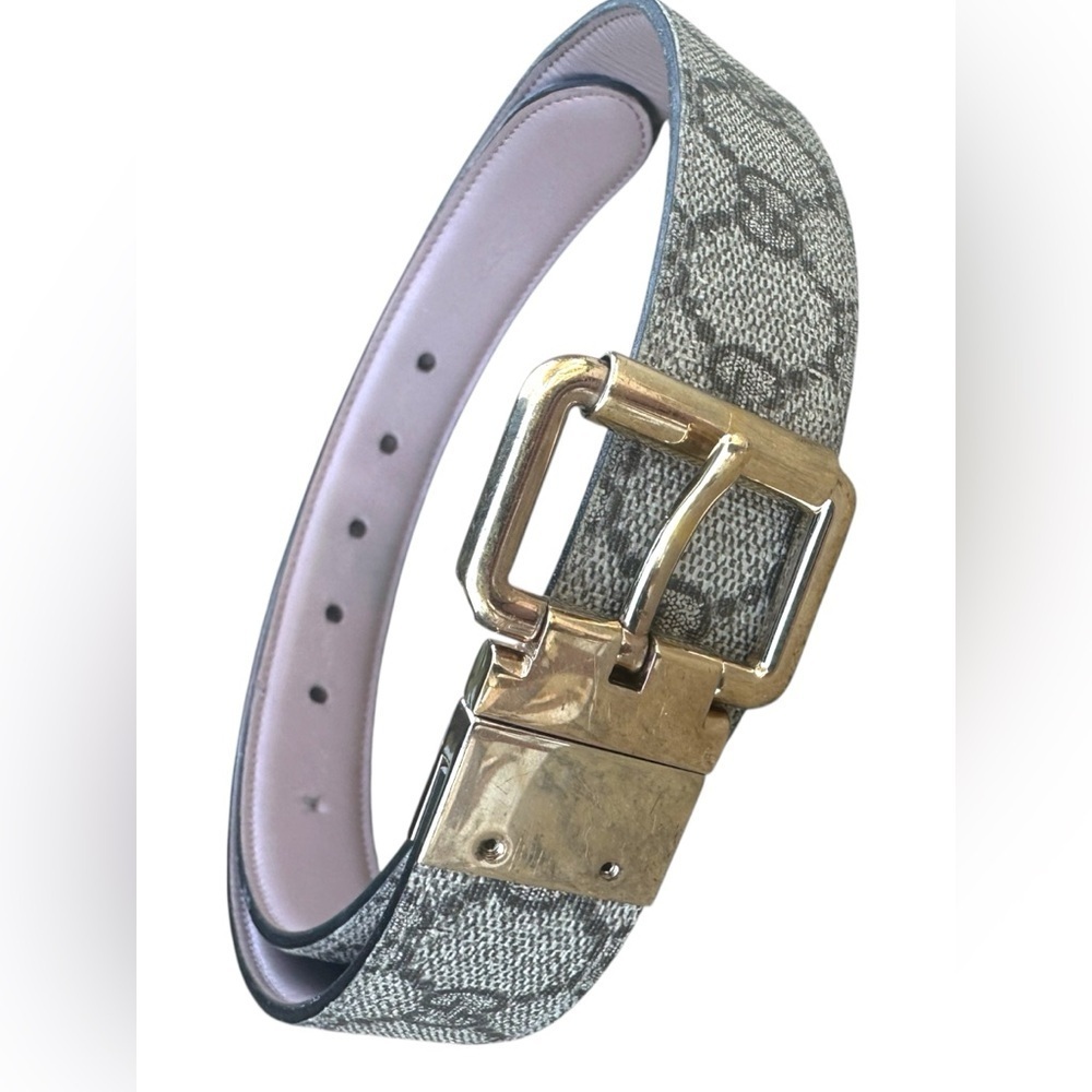 GUCCI Monogram Double G Reversible Mauve Pink Leather Gold Women's Belt 38”